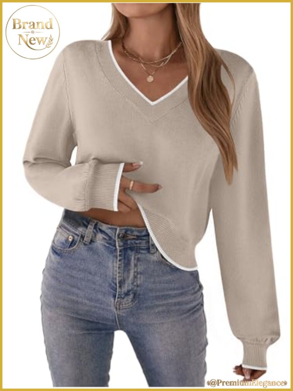 Women's V-Neck Cropped Sweater Long Sleeve Knit Pullover